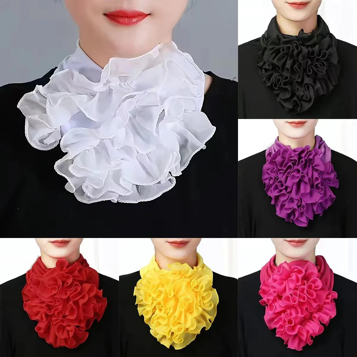 Fashion Polyester Neckerchief Ring Solid Color Ruffles Fake Collar For Women Detachable Neck Gaiter Elegant Scarf Free Size