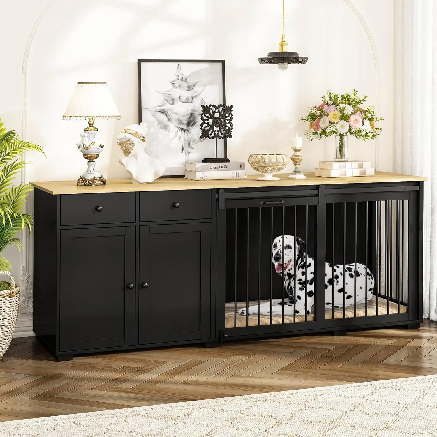 Luxury Wooden Heavy Duty Dog Kennel Table Furniture with Sliding Door, Indoor Dog House TV Stand for Large Medium Breed Dogs