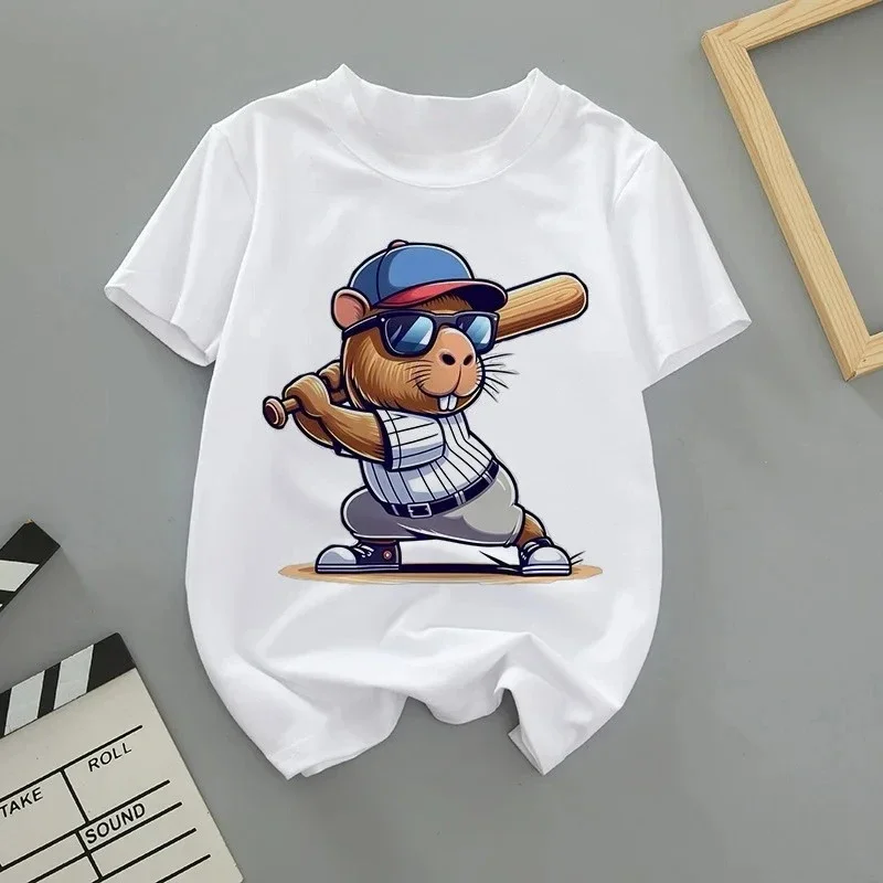 الصيف الكرتون لطيف كابيبارا طباعة الأطفال تي شيرت قصيرة الأكمام أزياء الفتيان والفتيات جولة الرقبة طفل رضيع التي شيرت الاتجاه #4