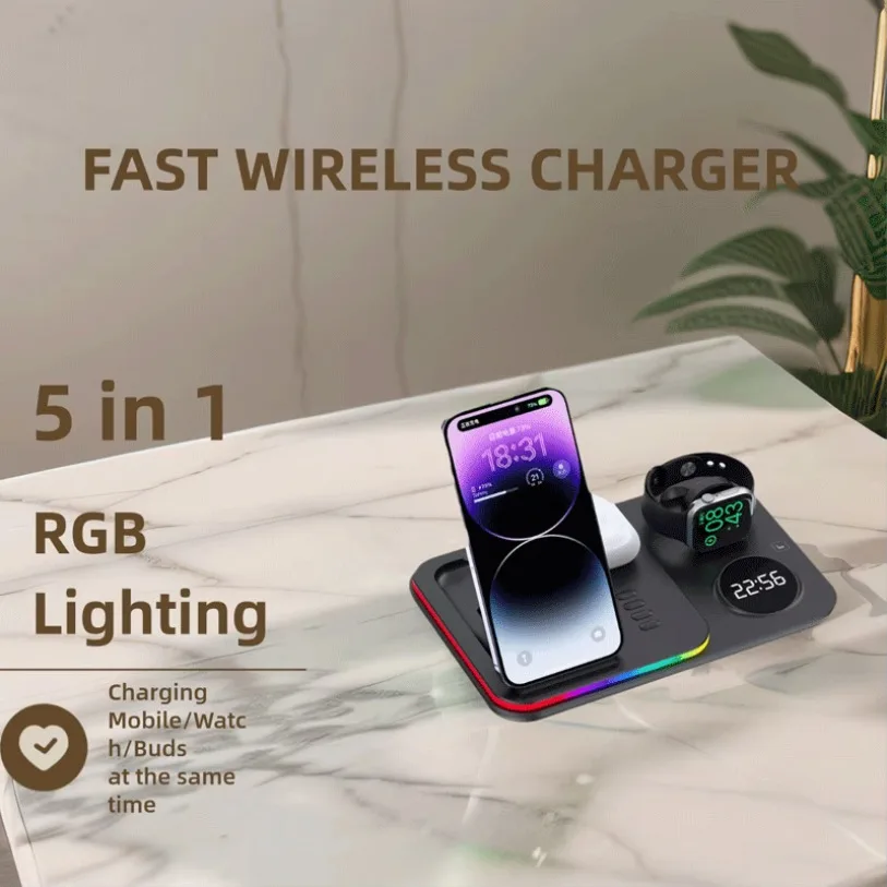 

30W 5 In 1 Wireless Charger Stand Light Alarm Clock For iPhone 12-16 iWatch Samsung Galaxy Watch Fast Charging Dock Station