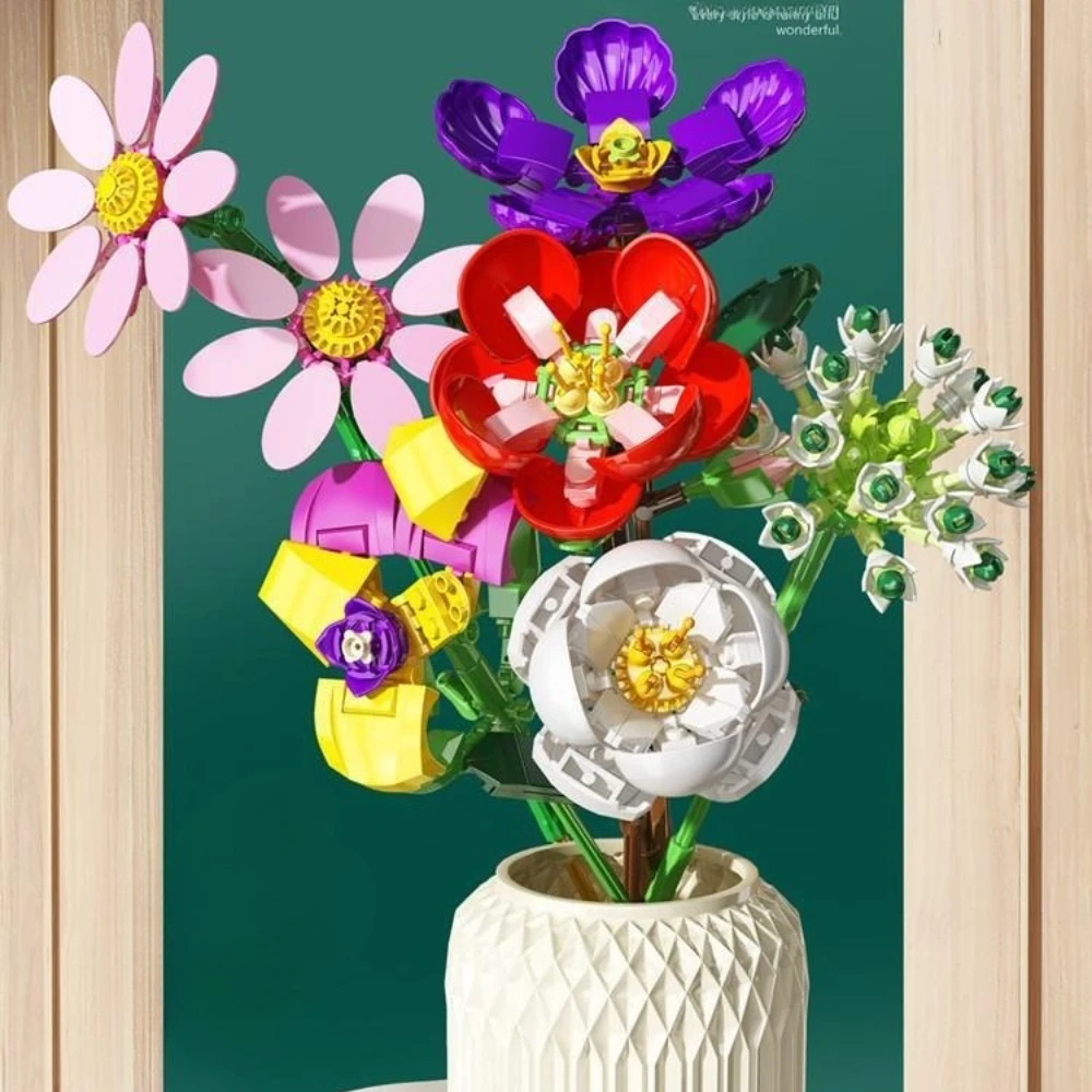 MOC Violet Cosmos Bloemboeket Bouwstenen Thuis Tafelornamenten Romantische Speelgoedbeeldjes Ambachtelijke Bruiloft Valentijnsdag Geschenken