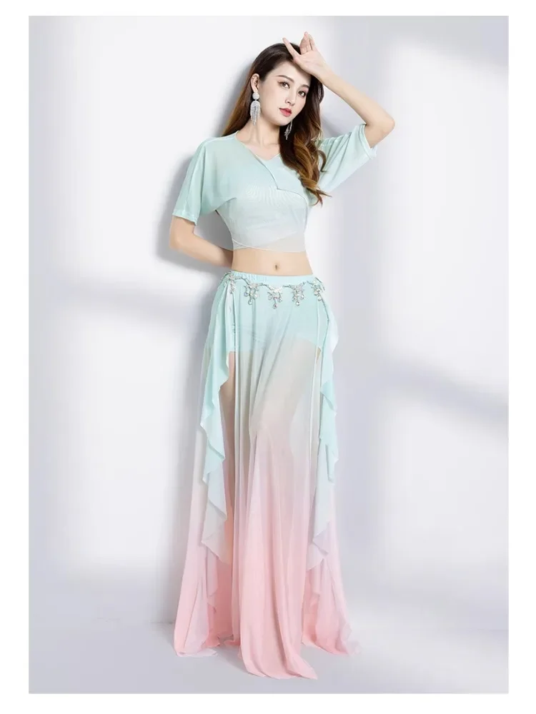 Abito da danza del ventre per adulti per donna 2024 Nuovo costume da pratica estivo sexy Set gonna lunga sfumata Set da danza orientale