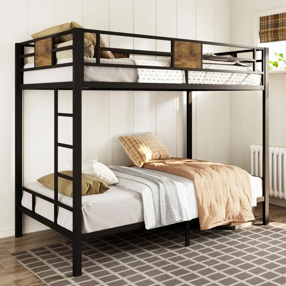 Twin Over Twin Bunk Bed with Rustic Wooden Accents, Sturdy Metal Frame, Space-Saving Design, Noise-Free, Black，bunk Bed Frame