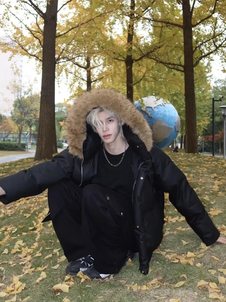 เสื้อโค้ทกันหนาวบุขนสไตล์อเมริกันสำหรับผู้ชาย แบรนด์ทันสมัย แต่งฮู้ด ผ้าฝ้าย คอปกขนสัตว์