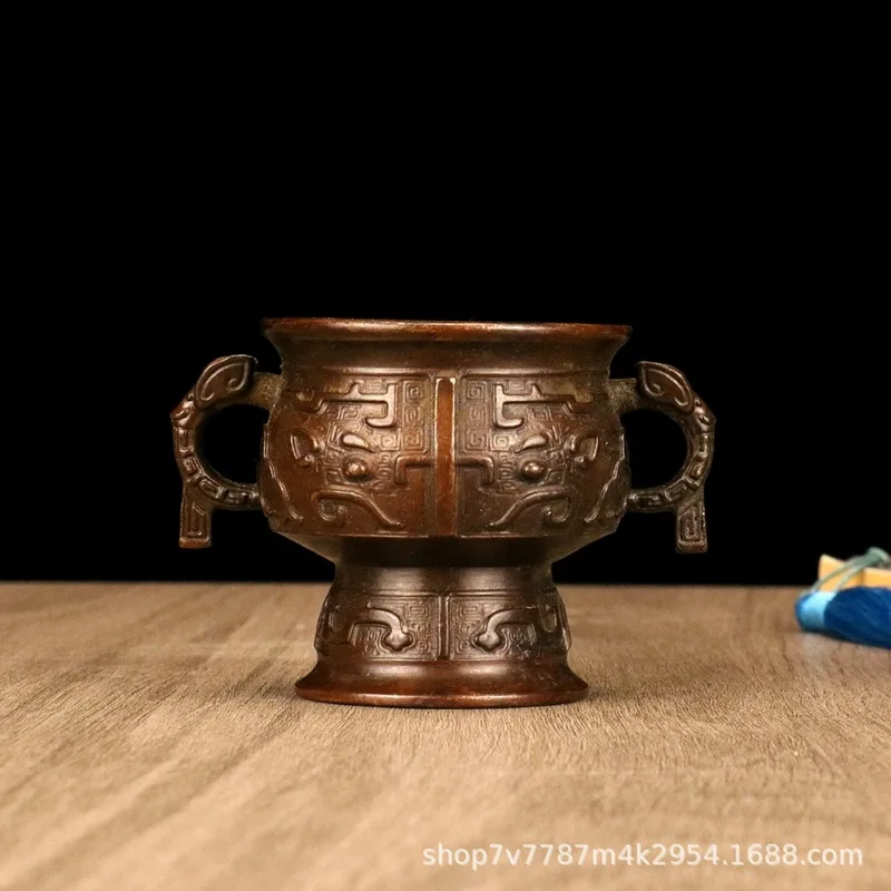 Brass alloy craftwork, human-faced beast double-eared cup, home decoration ornament