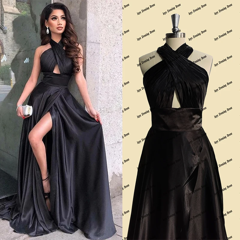 

Satin Criss-Cross Halter Evening Dress 2022 Sexy Pleated A-Line Backless Formal Party Gowns High Slit Custom Made