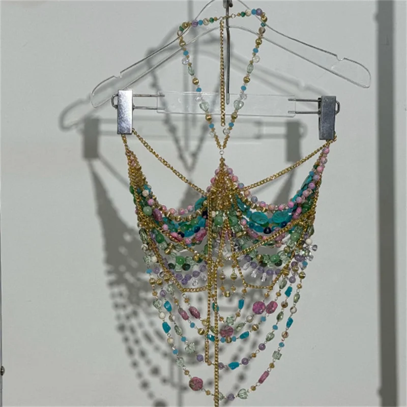 Sexy Handmade Gemstone Corset Colorful Pebbles Mixed Pearls Beach Mermaid Belly Dance Bra Backless Hanging Neck Beaded Bustier