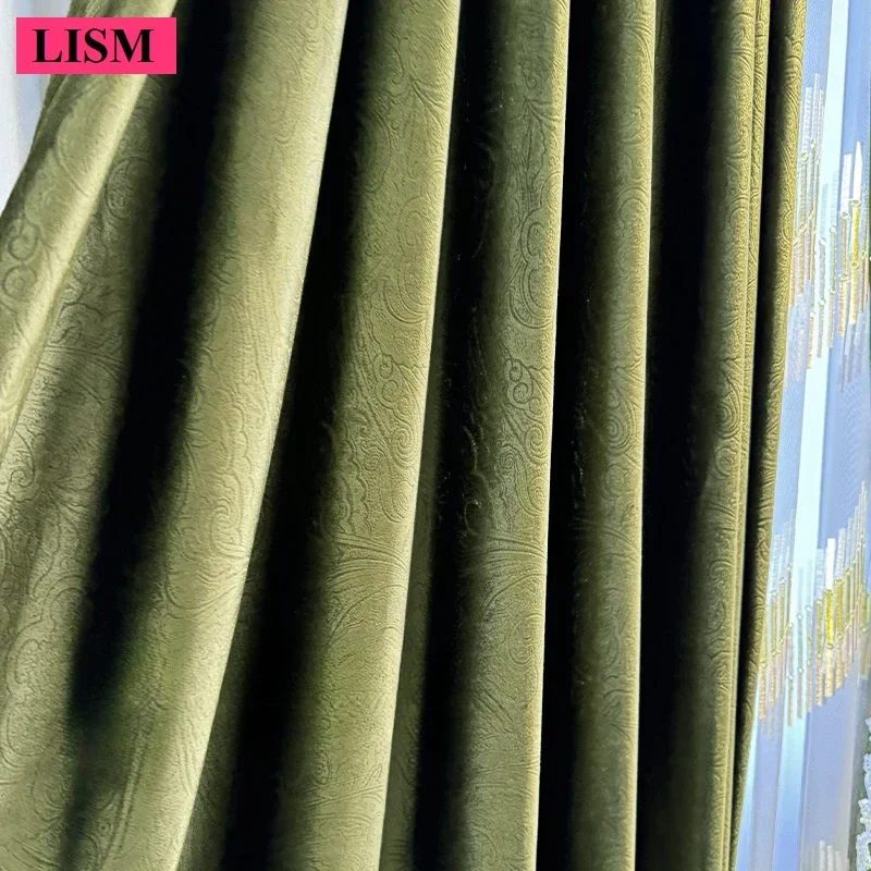 

2024 New Dark Green Luxury Curtains for Bedroom Living Room Window Customized Carved Craft Velvet Cloth Decor Embroidered Tulle