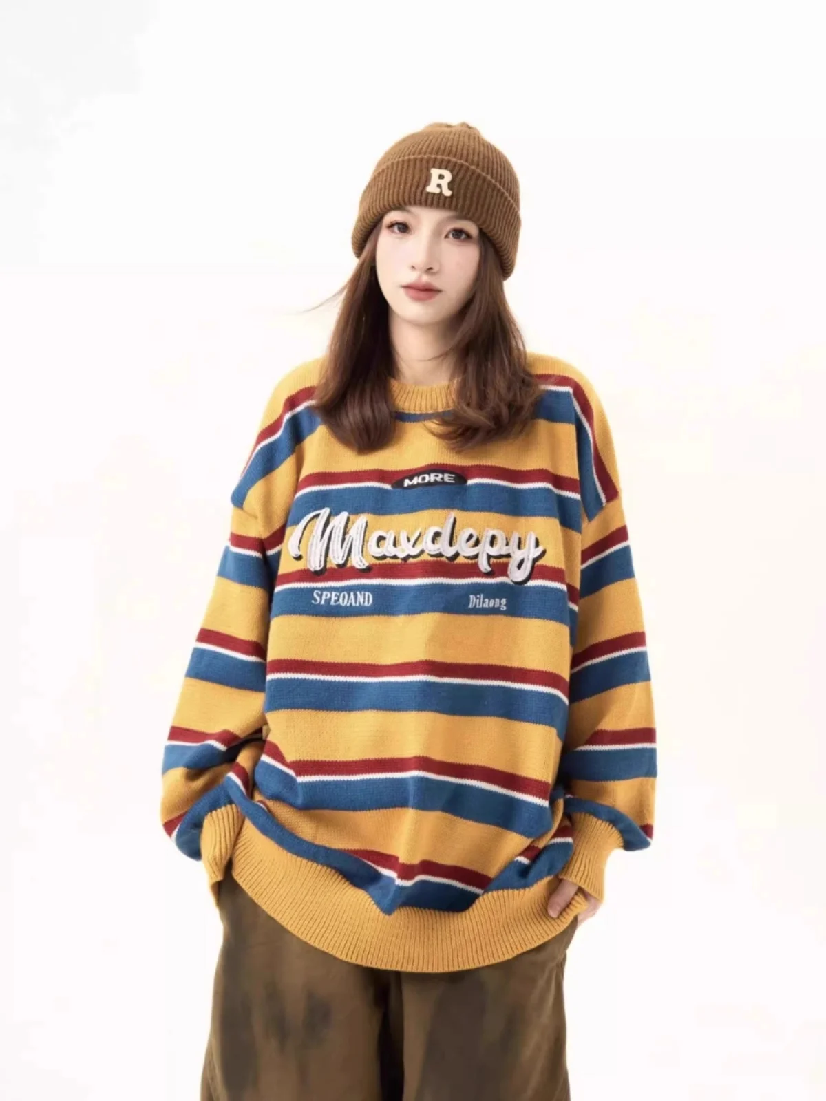 Retro American Embroidered Color Blo Striped round Ne Knitwear Men's Lazy Versatile Sweater Couple Trendy Autumn Faion