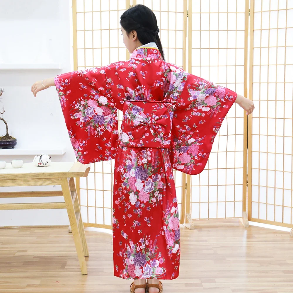 Roupão de quimono japonês para crianças, vestido flor vermelha, roupas estampadas, Yukata com obitage, fantasia cosplay macia para meninas