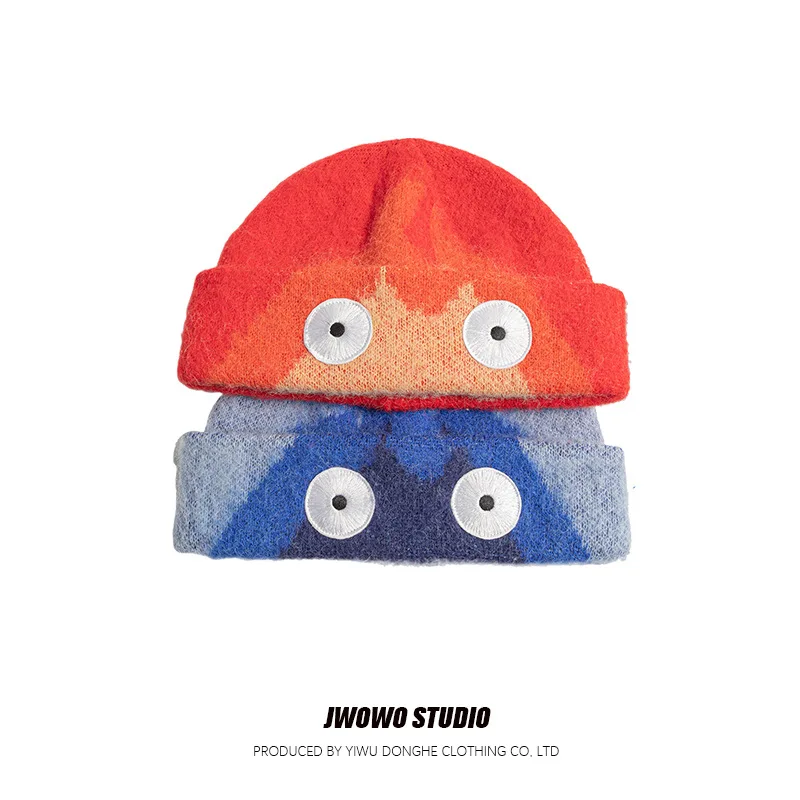 Gradient Flame Wool Knitted Cap Women European Large-eye Embroidered Woolen Hat Winter Outdoor Casual Warm Pullover Bucket Cap