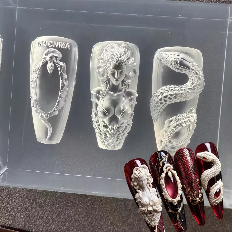 Medusa Snake Head Frame Dark Chinese Style Dragon Relief 3D Nail Art Transparent Silicone Mold for DIY Crafts And Art