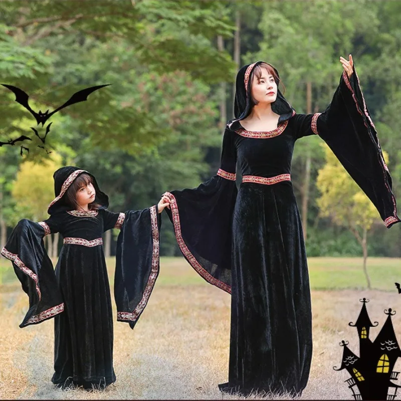 زي ساحرة مصاص الدماء في العصور الوسطى بأكمام طويلة فستان المحكمة القوطية زي أداء المسرح التاريخي مع تفاصيل من الدانتيل #1