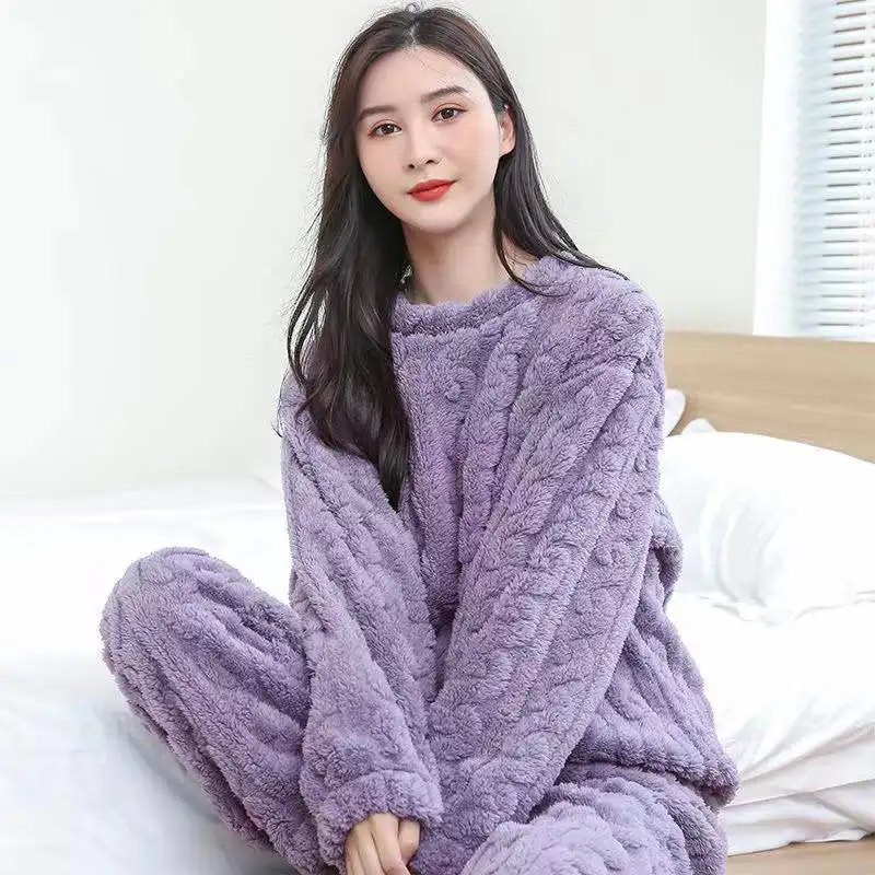 Winter Women Pajamas Set Fleece Sleepwear Solid Velvet 2 Piece Pant Home Suit Fluffy Piiama Warm O-neck Casual Night Wear 2023