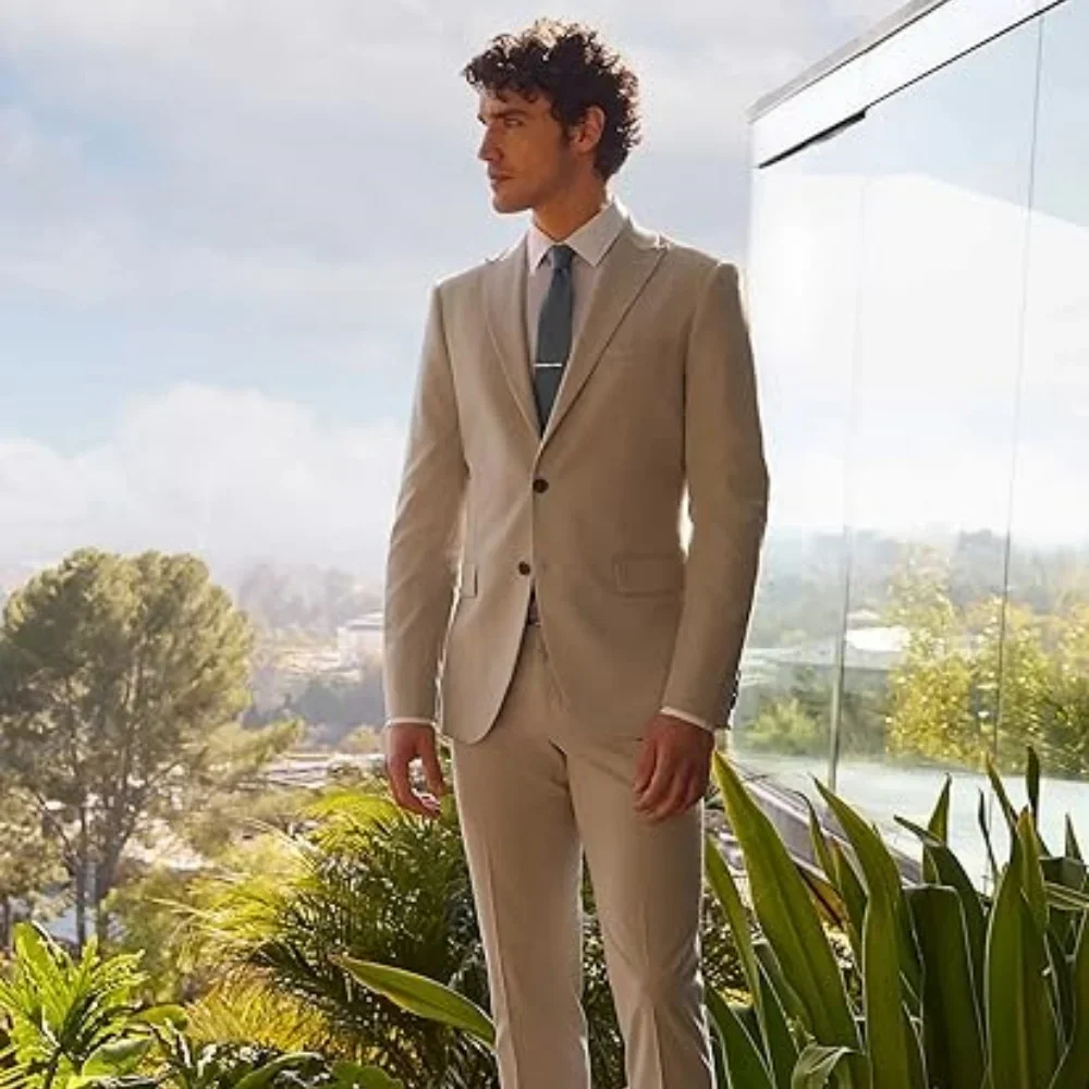 

Комплект из 2 предметов: летний однотонный мужской костюм для свадьбы, повседневный, с пиджаком с отложным воротником и брюками, для выпускного вечера