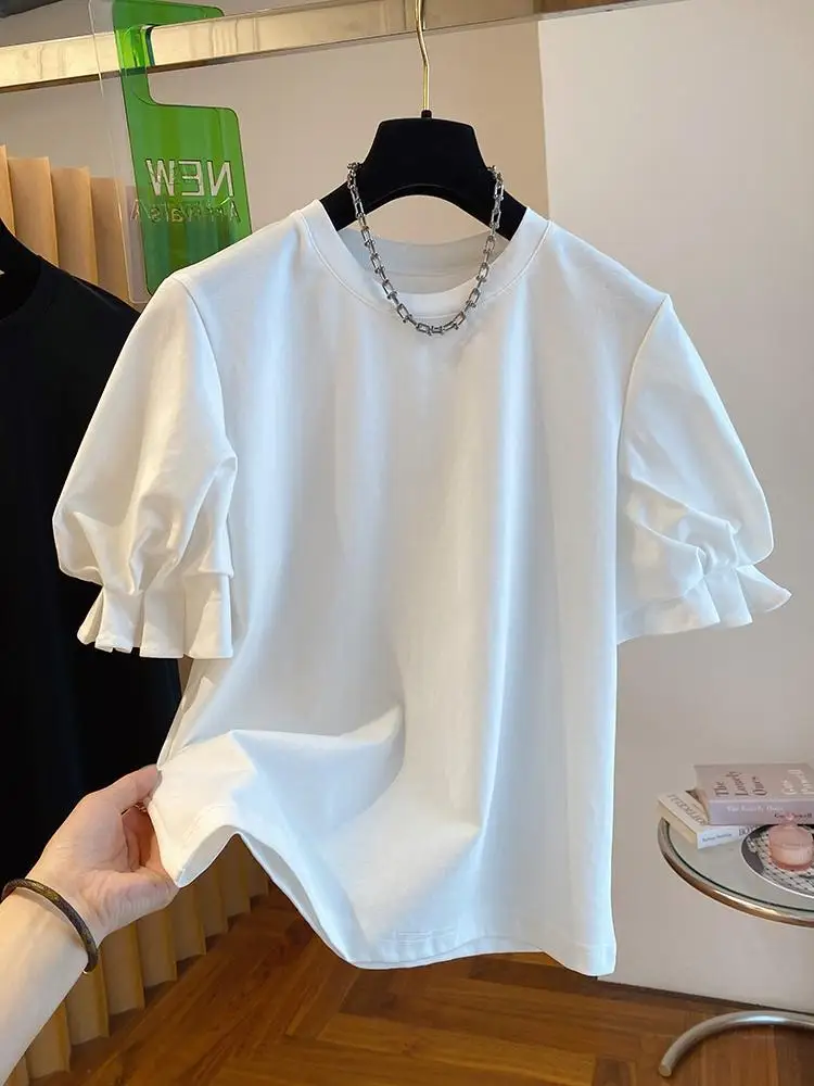 OCEANLOVE T Shirt for Women Puff Sleeve Solid Ruffles Sweet Spring Summer Ropa De Mujer Korean Fashion Retro Loose Tees