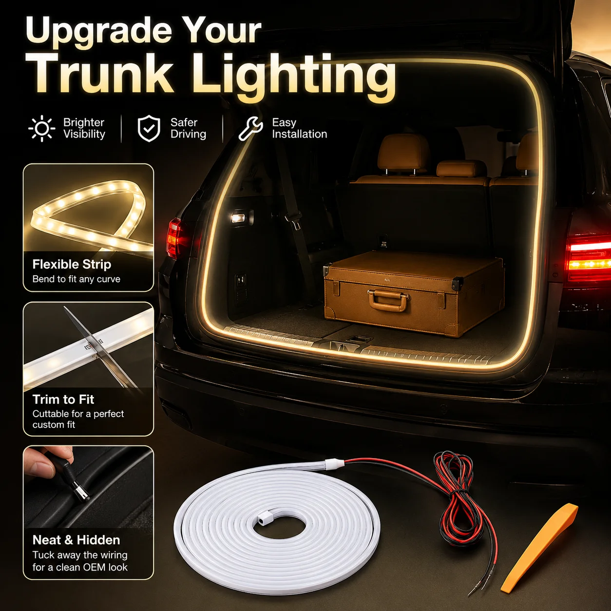 Universal Car Trunk LED Light Strip 2M/4M Flexible Cuttable Auto Rear Cargo Door Interior Lighting Strip Easy Install Hidden Car