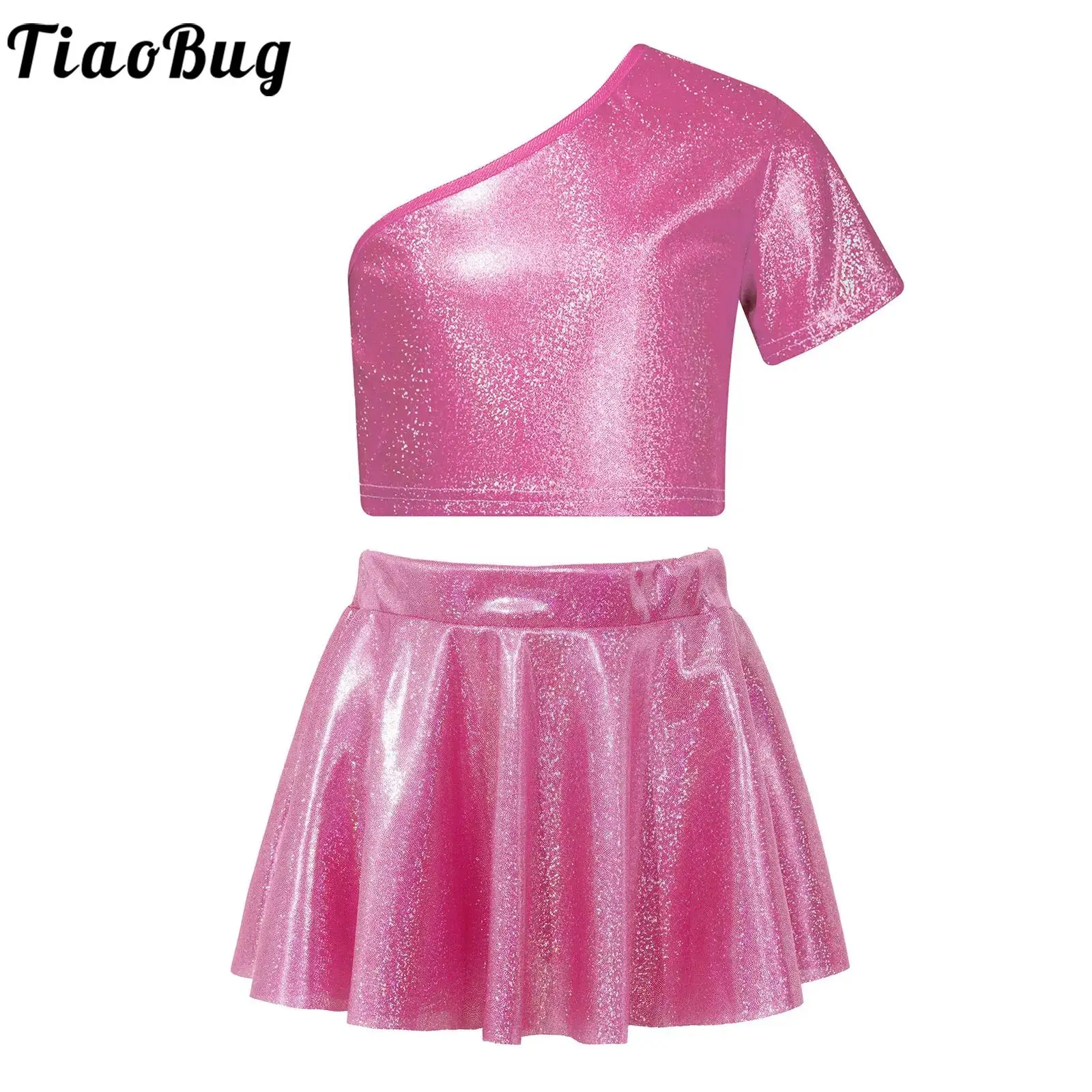 

Kids Girls Jazz Hiphop Dance Outfit Cheerleading Stage Performance Costume One Shoulder Metallic Shiny Crop Tops with Mini Skirt