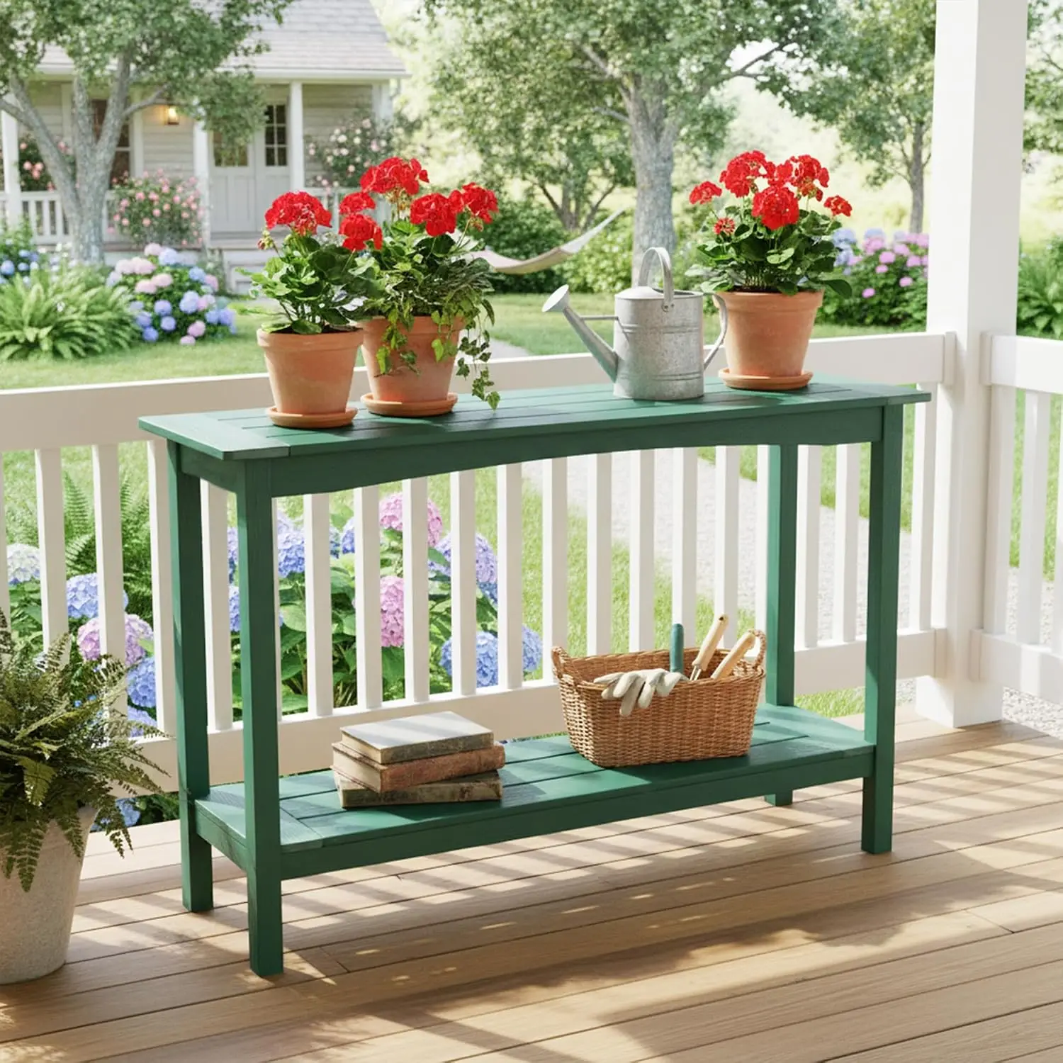 All-Weather 2-Tier Patio Console Table, Outdoor Plant Stand, HIPS, Never Rot & Fade, Indoor Backyard Garden Entryway, Customized