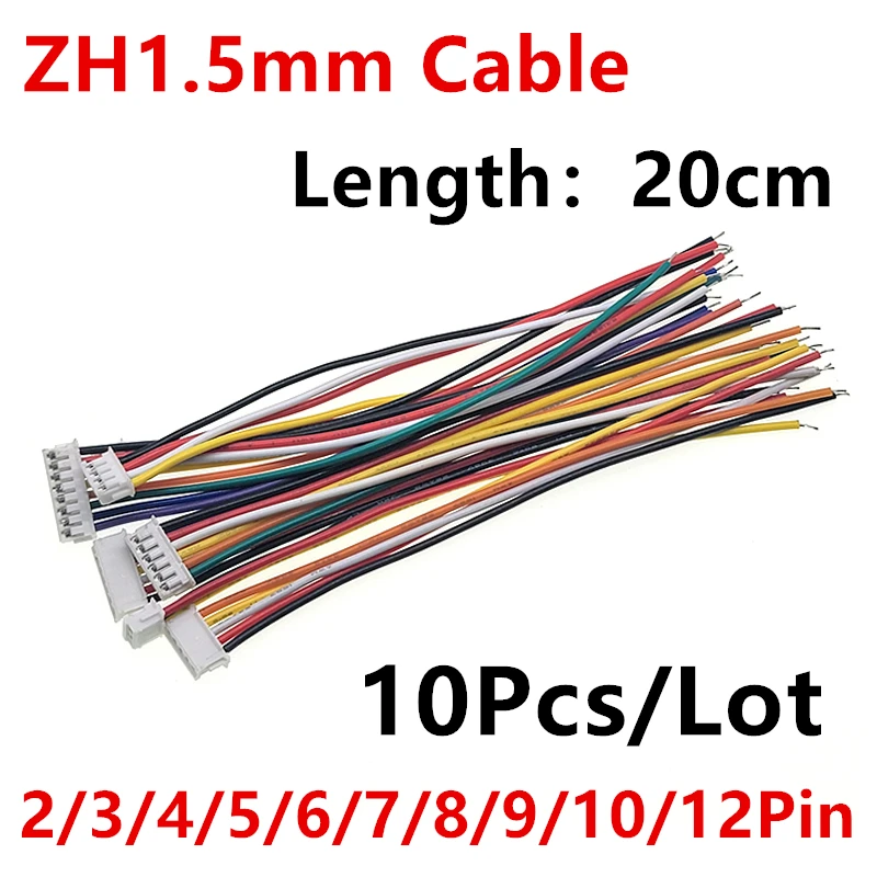 10PCS JST ZH1.5 ZH 1.5mm Wire Cable Single head Connector 2P/3P/4P/5P/6P/7/8/9/10/12 Pin 1.5MM Pitch Plug 20cm Wire Length 28AWG