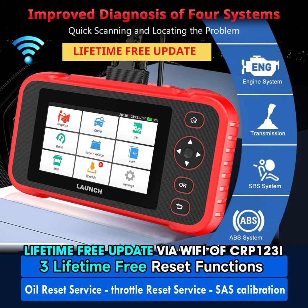 Launch CRP123i Car Scanner 4 Monitoring System ABS SRS Engine Code Reader Fuel EPB Tire Pressure Battery Test 15 Reset Function