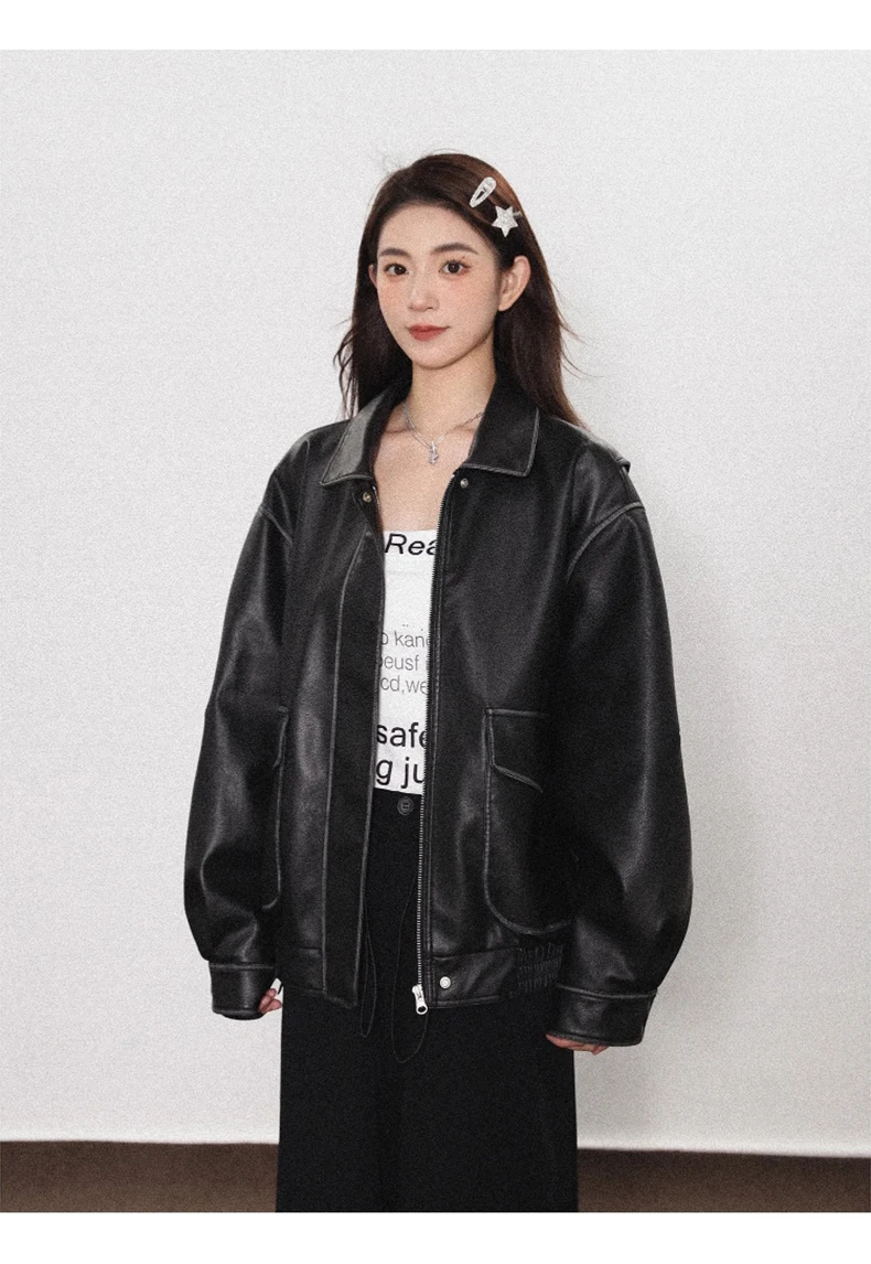 Lautaro Spring Autumn Cool Handsome Soft Vintage Distressed Brown Pu Leather Jacket Women Long Sleeve Luxury Designer Clothing