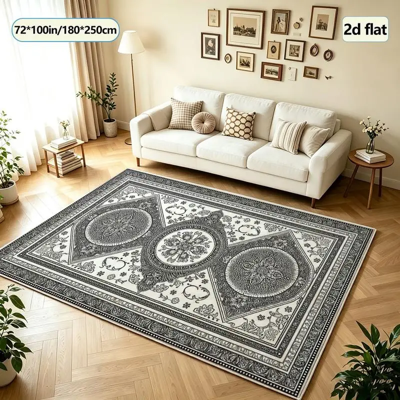 Black and White Sketch Persian Medal Carpet, Vintage Square Carpet Suitable for Study Room, Indoor Home Floor Decoration