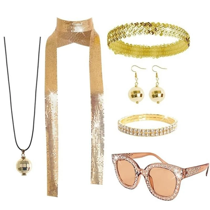 7Pcs/Set Women Cosplay 1980s Rockstars Cool Outfits Accessories Ball Party Costume Dress Up Props for Adults Teenagers Kids