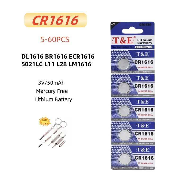 

5-60PCS CR1616 Battery DL1616 BR1616 ECR1616 5021LC L11 L28 LM1616 3V Lithium Battery For Watch Car Key Remote Button Coin Cells