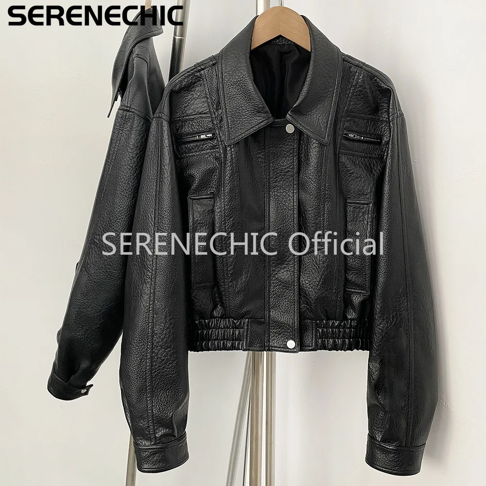 SERENECHIC Textured PU Aviator Coat with Elastic Hem Women's Black Cropped Faux Leather Jacket New Vintage Outerwear Female