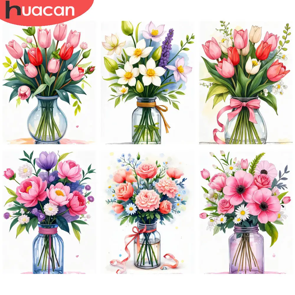 HUACAN Full  Kits Diamond Painting Elegant Floral Bouquet Glass Vase 5D Diamond Painting Kits DIY Art Mosaic  Rhinestone