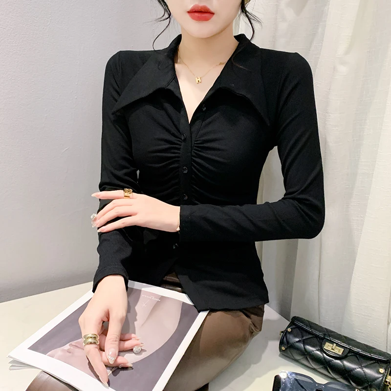 2024 New Fall Winter European Clothes T-Shirt Chic Sexy Draped High Quality Button Blouse Women Tops Long Sleeve Tees 311044