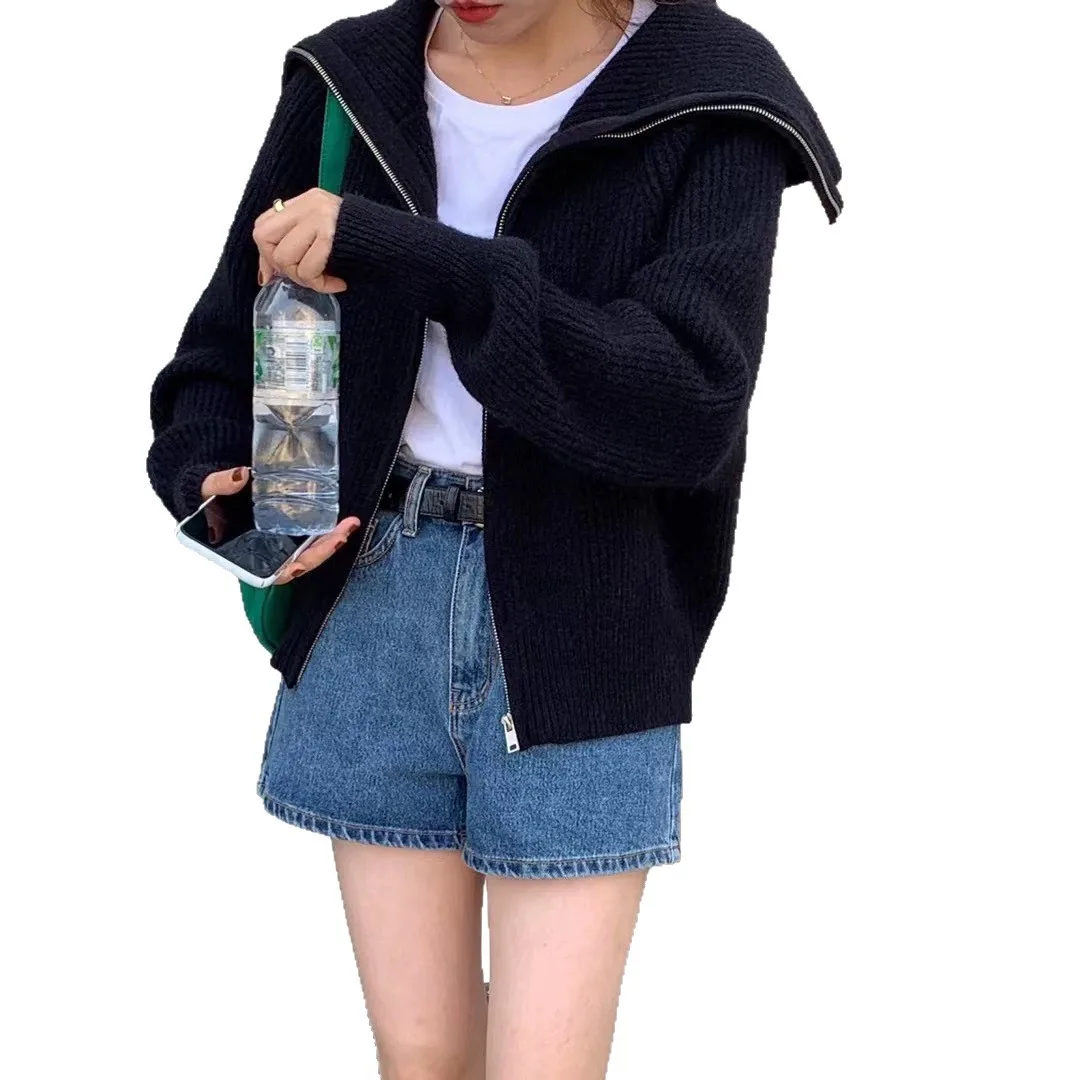 

Новинка 2025, весенний женский вязаный свитер цвета хаки с двойным воротником на молнии, темно-синий воротник