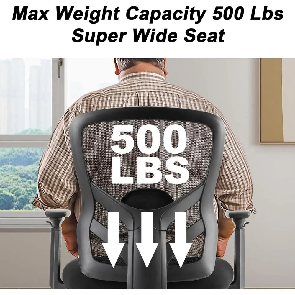 كرسي مكتب شبكي مريح عالي التحمل بسعة 500 رطل، ودعم قطني قابل للتعديل، ومساند للذراعين 4D، ومقعد عريض جدًا لـ Adu