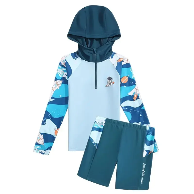 

Children Boy's Swimsuit Kids Split Bathing Suits Sun Protection UPF 50+ Long Sleeve Swimming Sunsuit With Hat