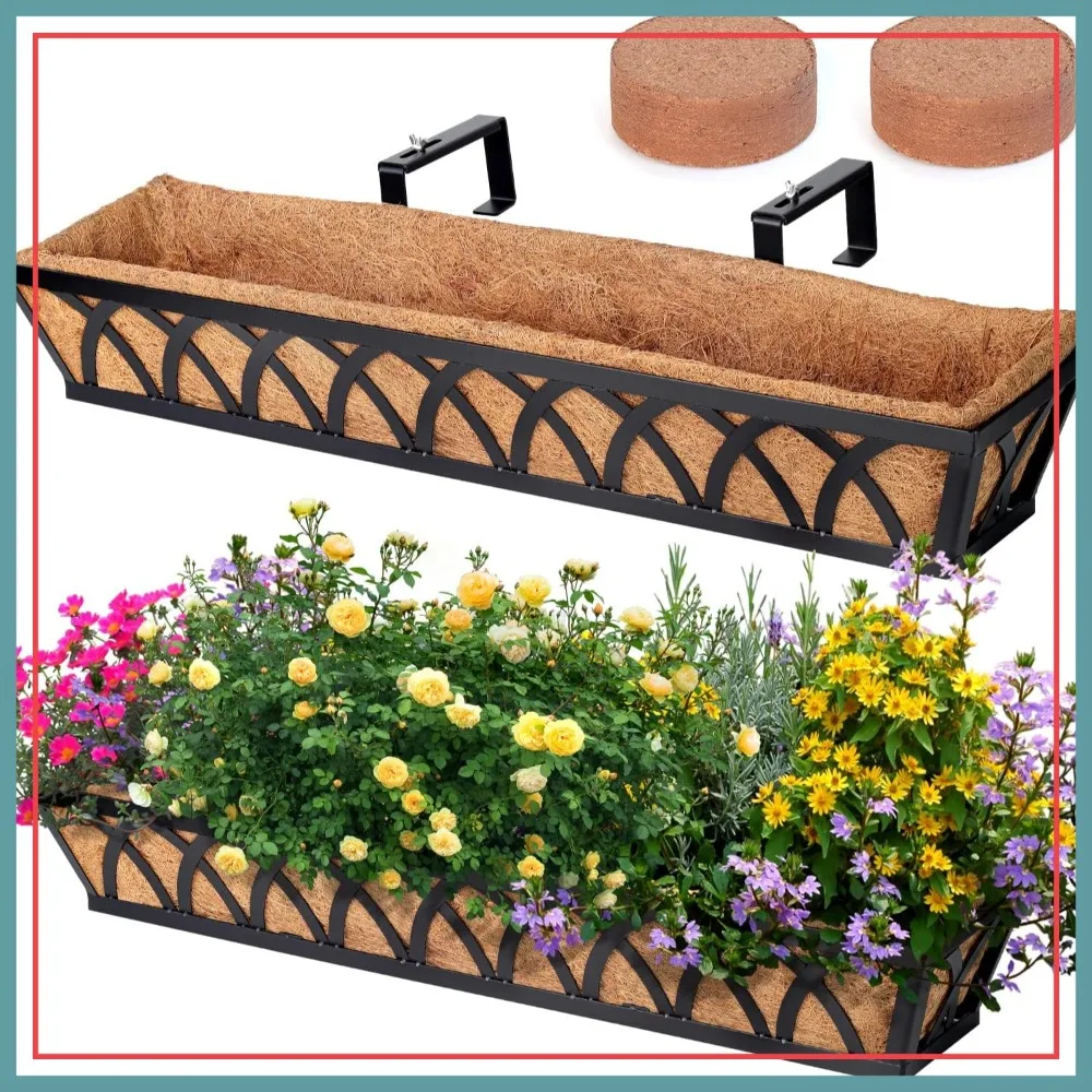

36 Inch Black Metal Hanging Flower Planter Basket with Coco Liner for Outdoor Balcony Porch Fence Patio, 2-Pack