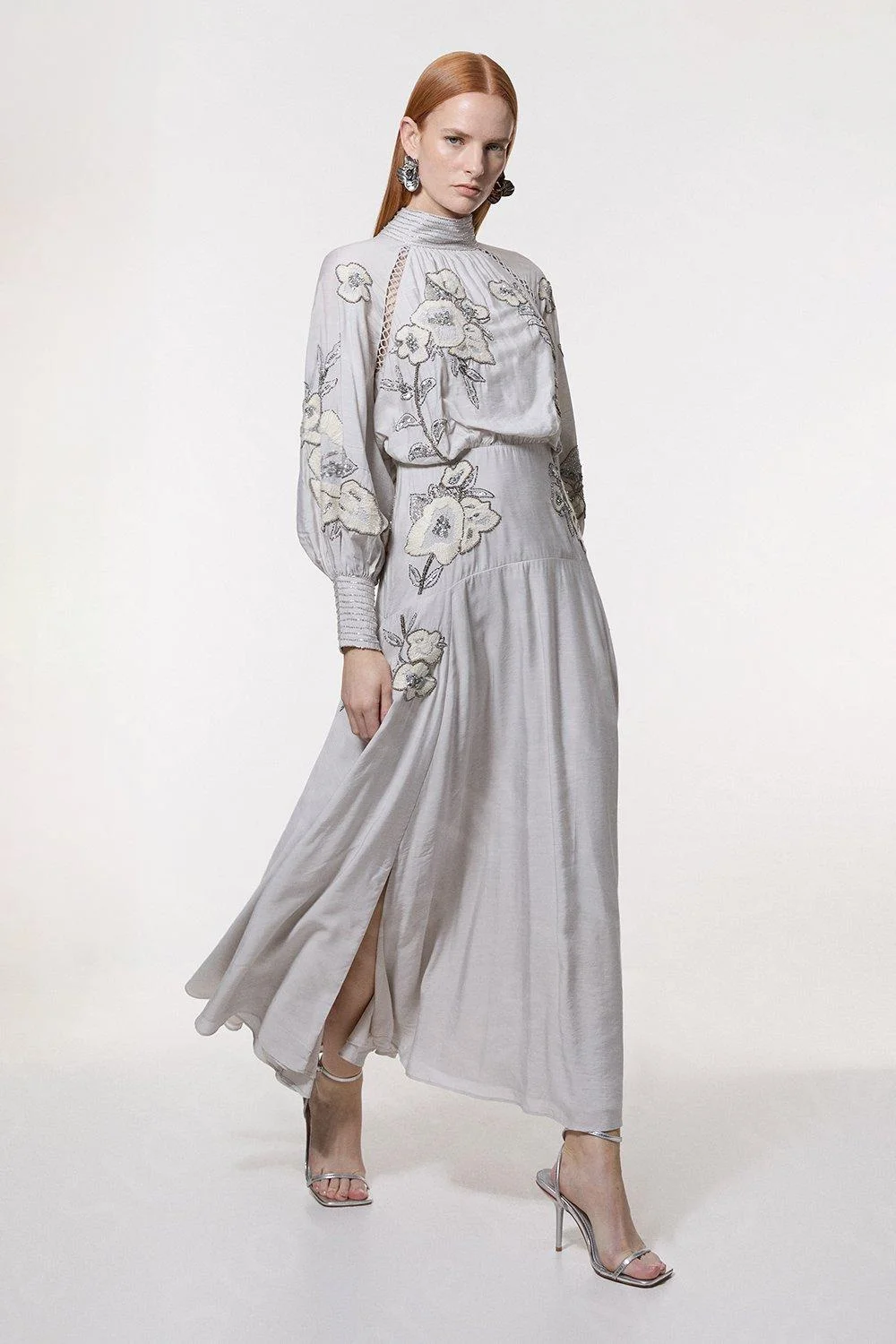 Customized Vintage Silver Prom Dresses Ankle Length Wedding Party Dresses Long Sleeves High Neck Evening Gowns 2025 Side Slit