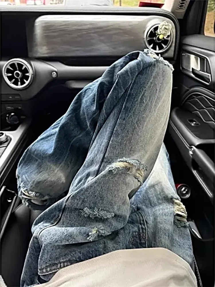 Calça jeans retrô azul desbotada masculina, calça reta de perna reta com micro alargamento e padrão de relâmpago