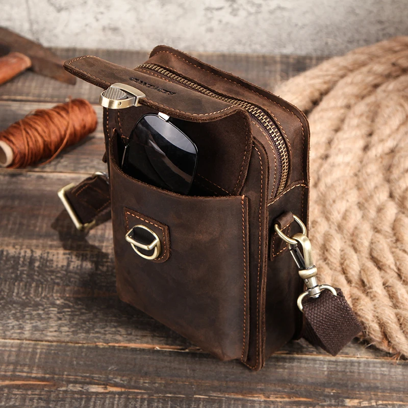 Top Quality Men Waist Pack Genuine Leather Vintage Travel Cell Phone Bag With Zipper Pocket Card Holder For Male Shoulder Bag