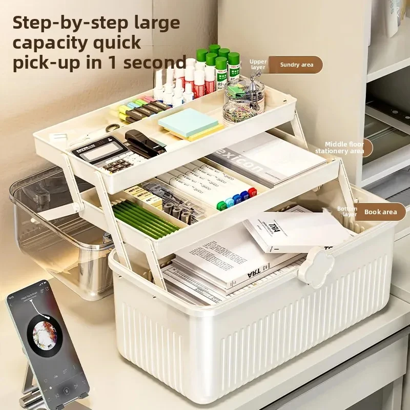 

3 Tiers Makeup Stationery Storage Box Large First Aid Kit Medicine Box For Student Pencil Notebook Cosmetic Dust-proof Organizer