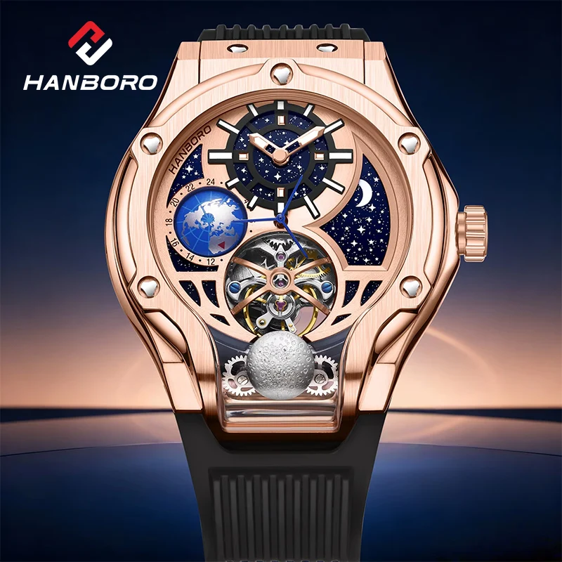 HANBORO Roségold Sternenhimmel Hohlrad-Mondphasen-Automatikuhr Luxuriöse Weltraum-Themen-Sportuhr 980
