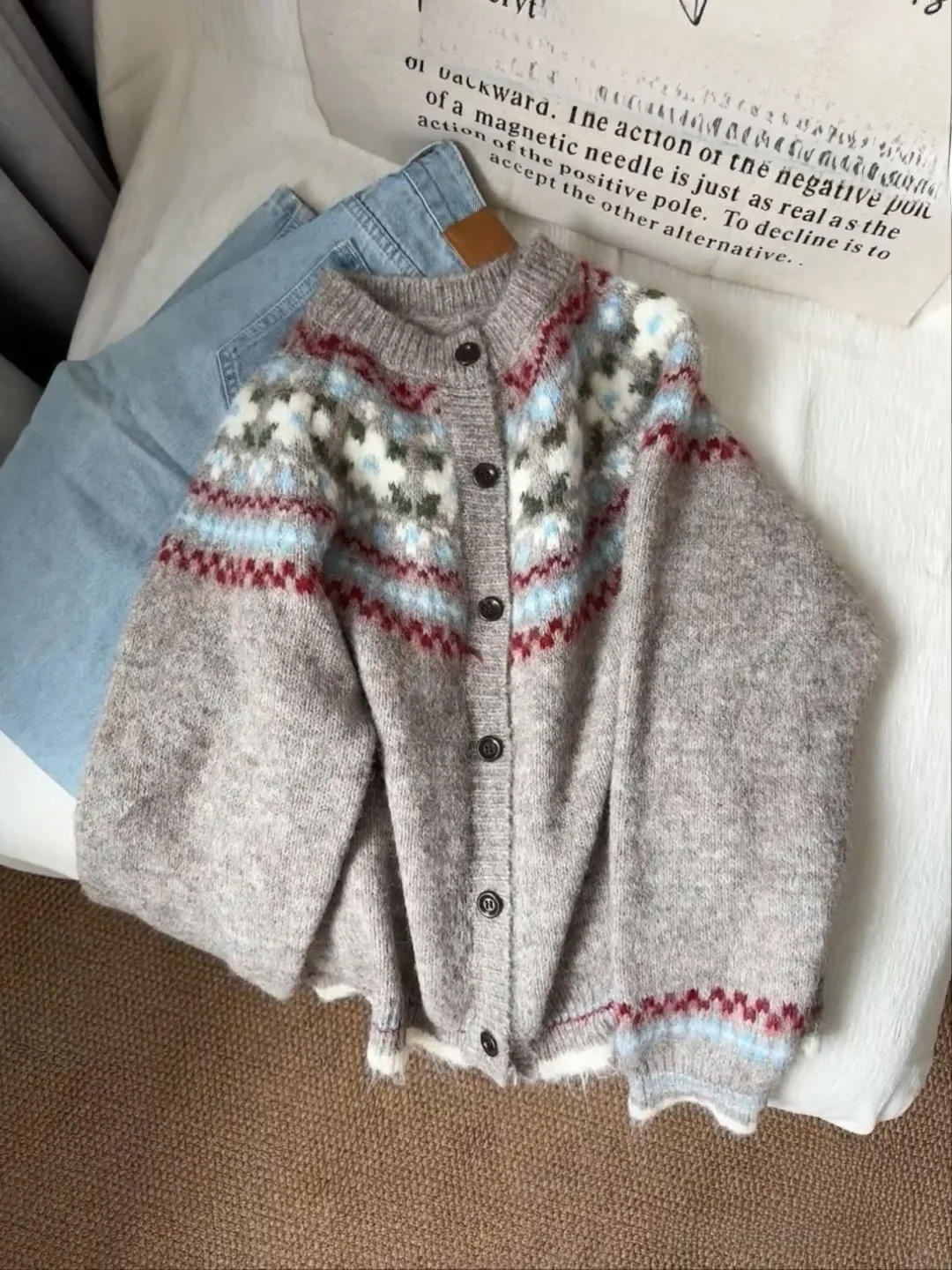 

Retro Sle Fair Isle Knit Sweater Coat Women's Warm Slimming Loose Color Blo Knitted Open Cardigan Commute Faion Soft