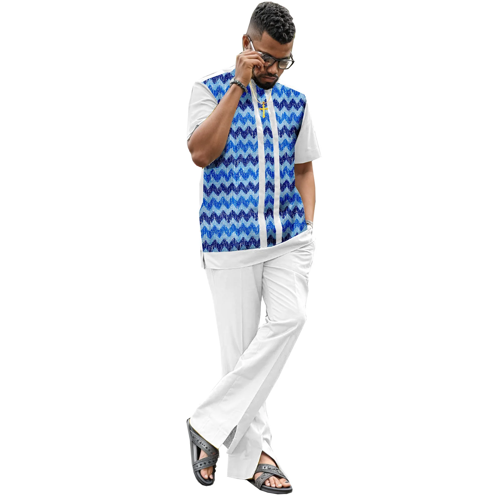 Men's African Attire Dashiki Kente Pattern Printed Outfits Short Sleeve Shirts And Pants 2 Piece Sets