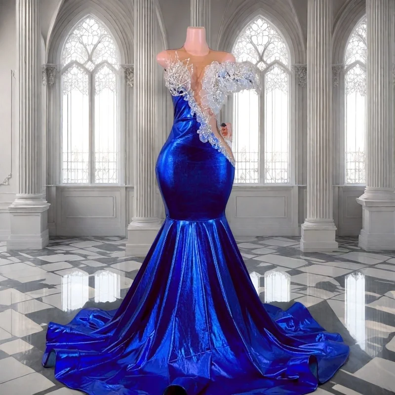

Royal Blue Mermaid Crystal Prom Dresses Long for Women 2025 Beaded Satin Formal Evening Gowns Customized