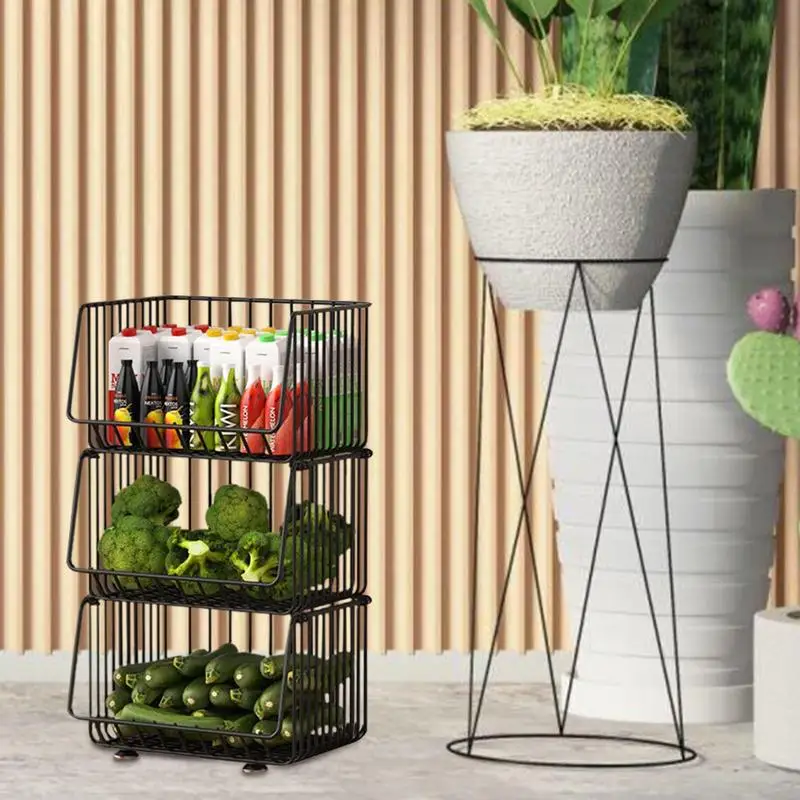 Stackable Wire Baskets Fruit Vegetable Basket Kitchen Organization and Storage Metal removable storage rack for Pantry Bathroom