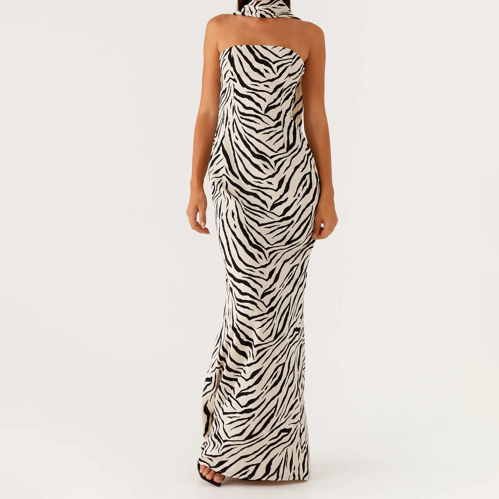 

hirigin Women's Summer Long Tube Dress Zebra Stripe Print Strapless Slim Fit Dress with Scarf Fashion Party Clubwear