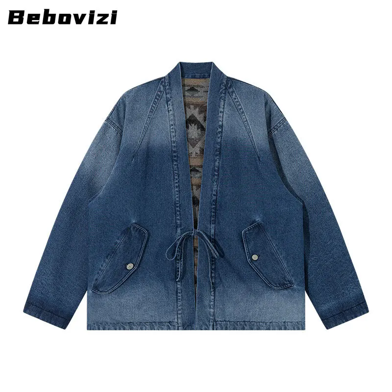 

Мужская двусторонняя куртка-кимоно, 2024, джинсовое пальто в японском стиле, двусторонняя одежда, осенне-осенняя уличная одежда, повседневная блузка большого размера