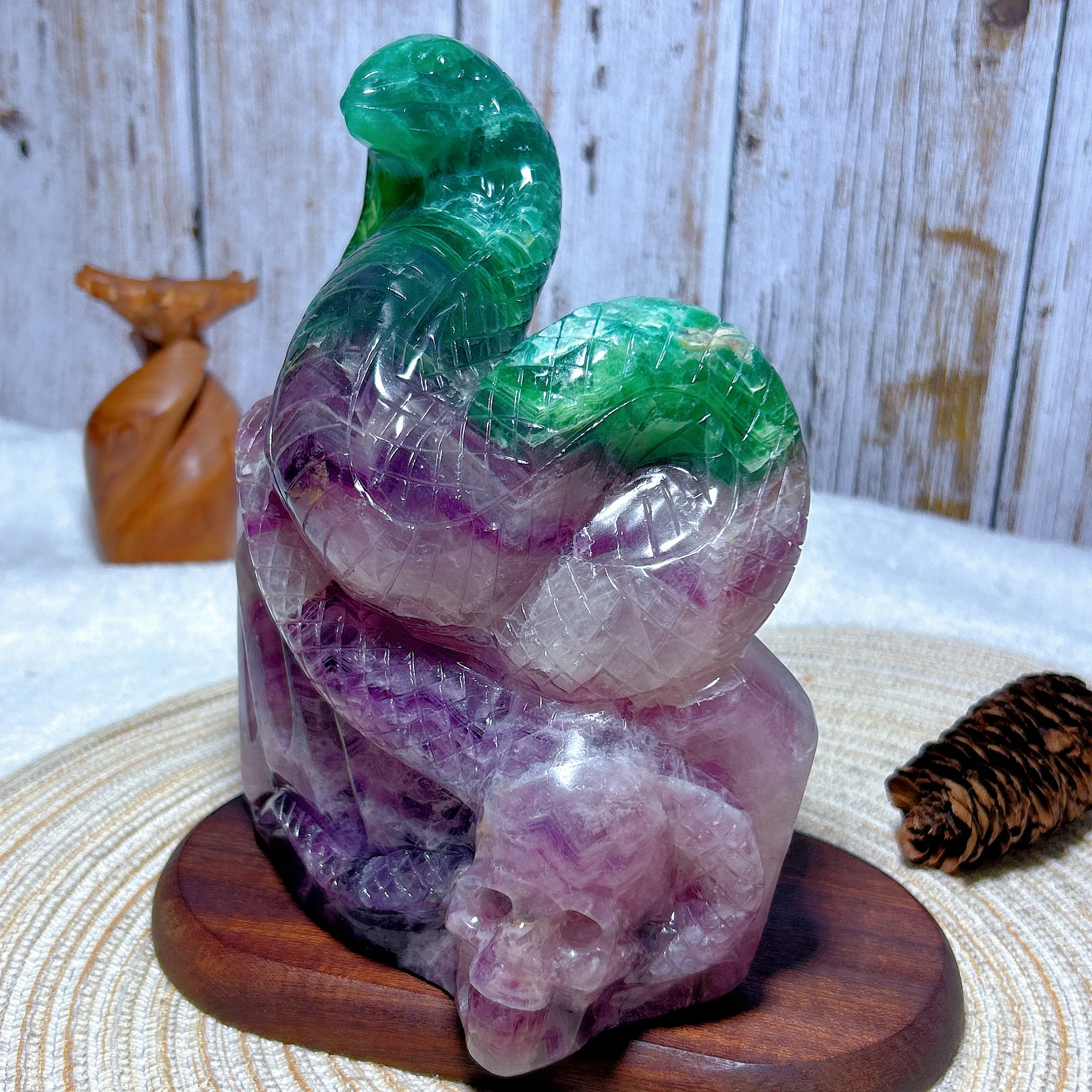 Healing Natural Crystal Green Purple Fluorite Large Snake With Skull Hand Carving Gemstones Energy Reiki Home Decorations Gift