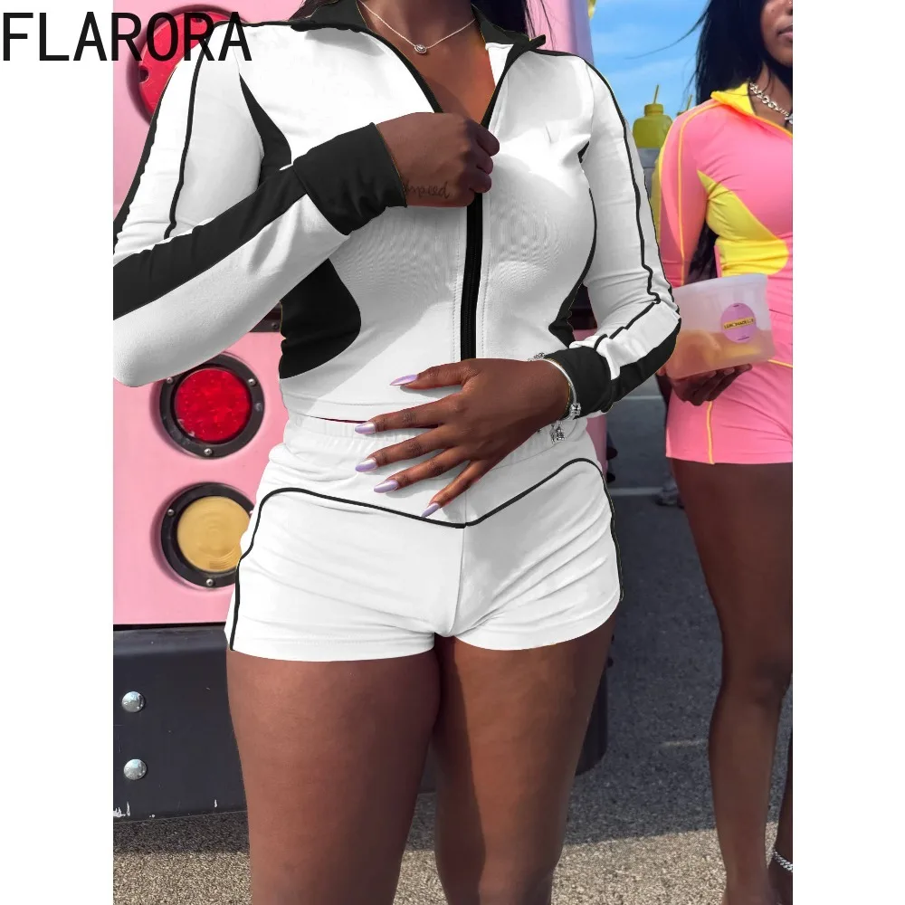 

FLARORA Trendy Patchwork Two Piece Set Woman Long Sleeve Zipper Crop Jackets And Shorts Outfits Y2k Street Stretch Tracksuits