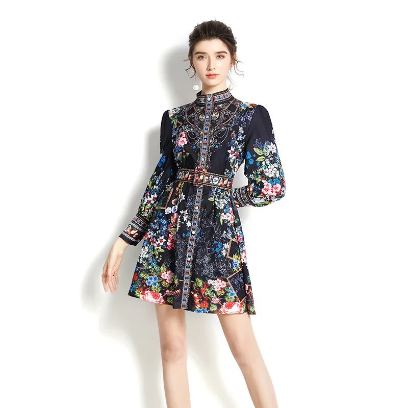 

New Fashion Runway Spring Women Lantern Long Sleeve Multicolor Floral Print Dress Boho Holiday Beach Ladies Mini Dress